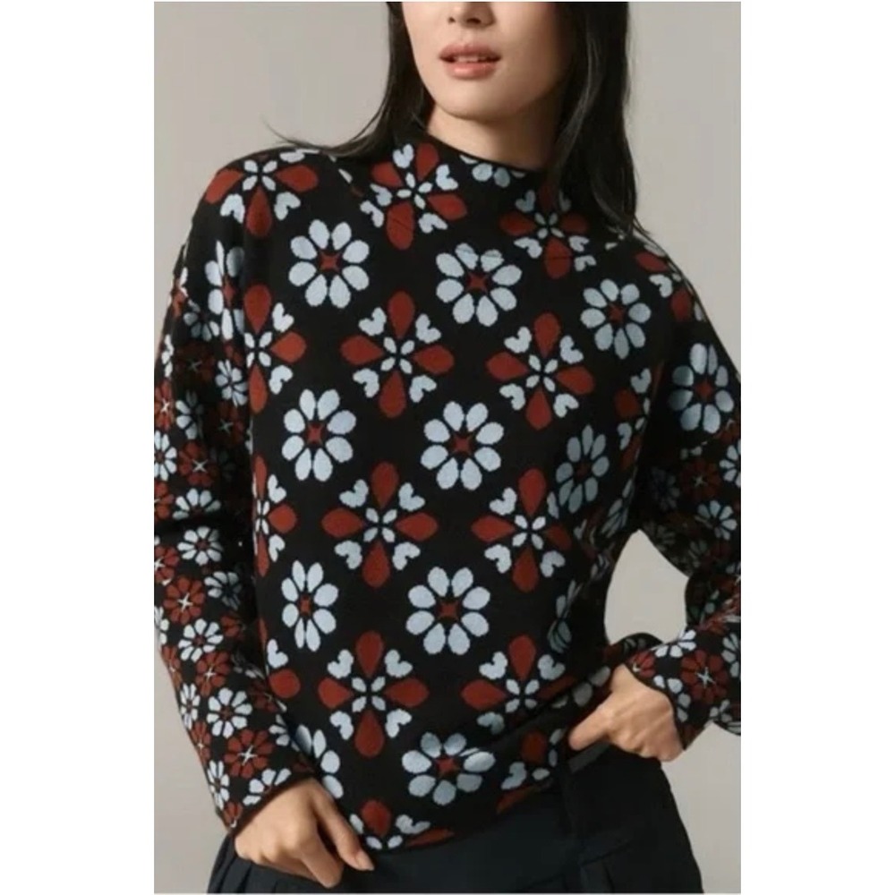 Maeve Anthropologie Carys Mock Neck Sweater Black Rust XXS - Picture 10 of 11
